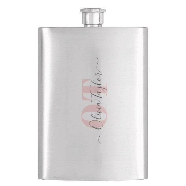 Minimal Monogram Modern Script Pink Personalized Hip Flask (Front)