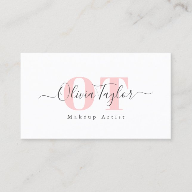 Minimal Monogram Modern Script Pink Professional Business Card (Front)