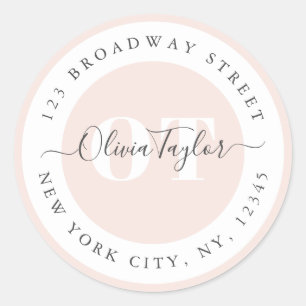 Minimal Monogram Modern Script Pink Return Address Classic Round Sticker