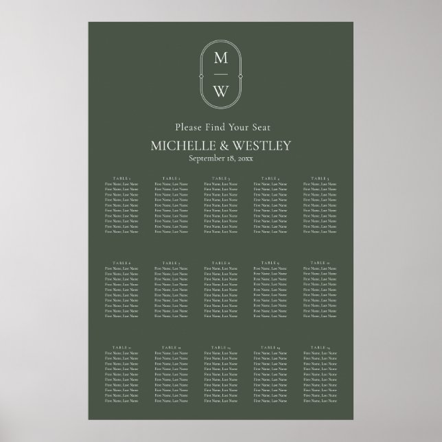 Minimal Monogram Moss Green Wedding Seating Chart (Front)