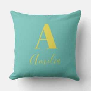 Minimal Monogram Name Teal Yellow Throw Pillow