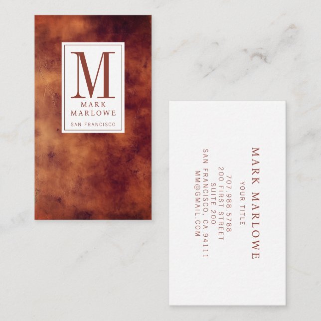 Minimal Monogram Terracotta Brown Leather Texture Business Card (Front/Back)
