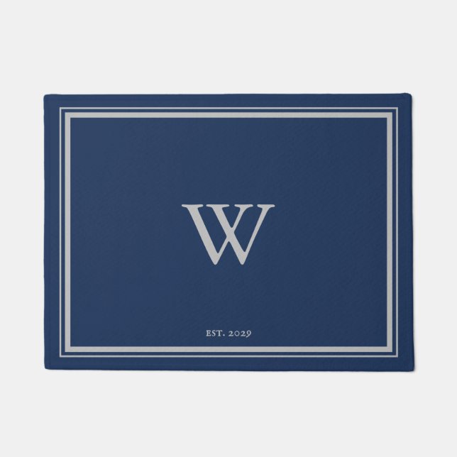 Minimal Monogram Welcome Anchor Navy | Silver Doormat (Front)