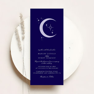 Minimal Moon Stars Navy Blue Celestial Wedding Invitation