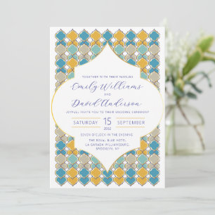 Minimal Moroccan Tiles Blue Golden QR Code Invitation