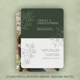 Minimal Moss Green Foliage Outline Photo Wedding Invitation