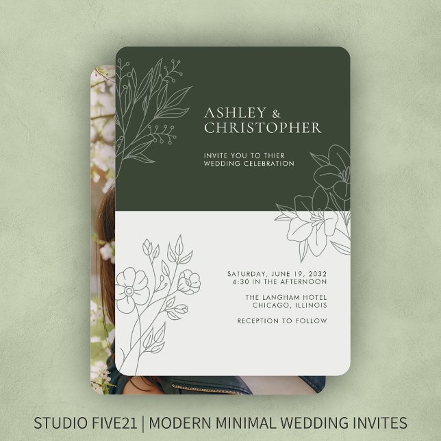 Minimal Moss Green Foliage Outline Photo Wedding Invitation (Creator Uploaded)