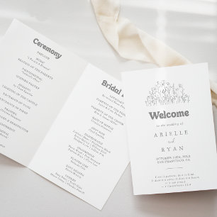 Minimal Muted Grey Wildflower Folded Wedding Program