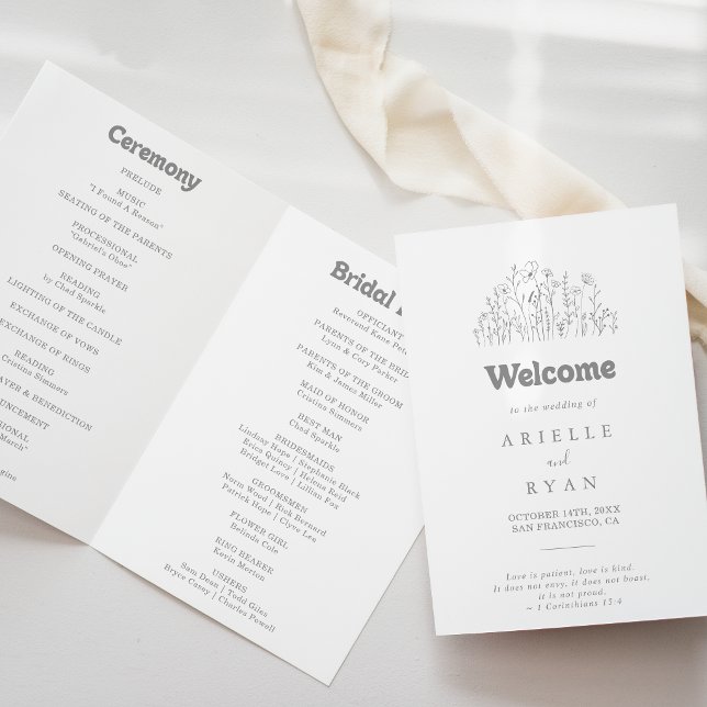 Minimal Muted Grey Wildflower Folded Wedding Program (Creator Uploaded)