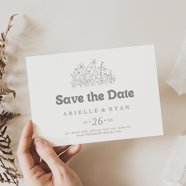 Minimal Muted Grey Wildflower Horizontal Wedding Save The Date (Creator Uploaded)