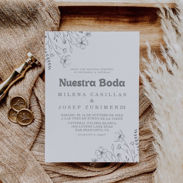 Minimal Muted Grey Wildflower Nuestra Boda Wedding Invitation (Creator Uploaded)