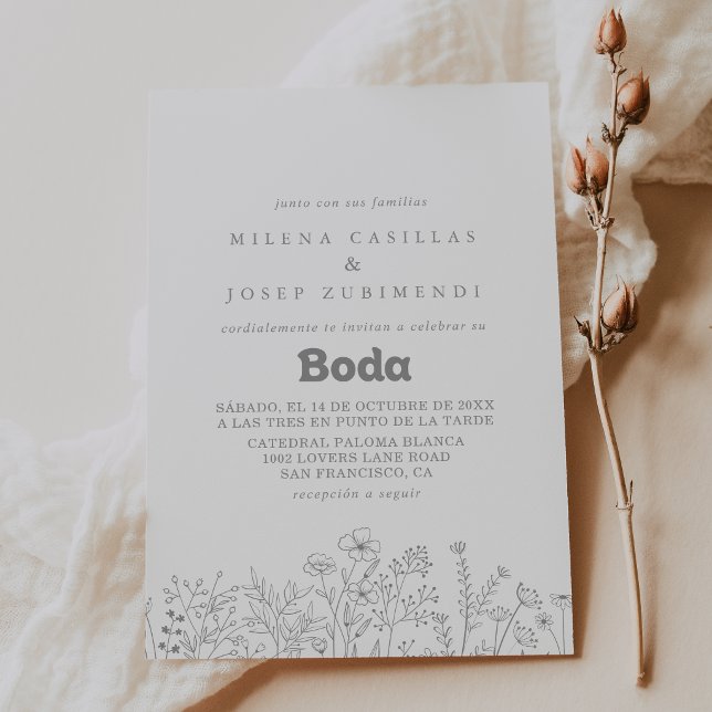 Minimal Muted Grey Wildflower Spanish Wedding Invitation (Creator Uploaded)