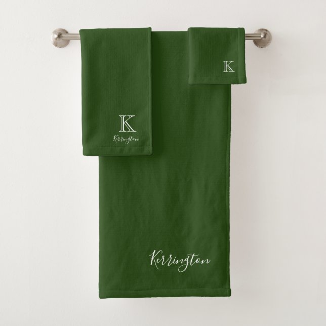 Minimal Name | Monogram Colour Match Forest Green Bath Towel Set (Insitu)