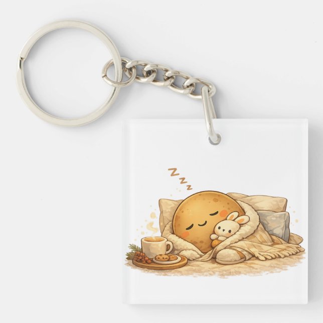 Minimal Napping Potato Soft Brown Line Art Keychain (Front)