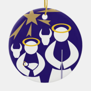 Minimal Nativity Scene Christmas blue Ceramic Ornament