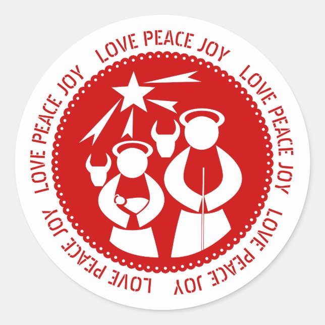 Minimal Nativity Scene Love, Peace, Joy Christmas Classic Round Sticker (Front)
