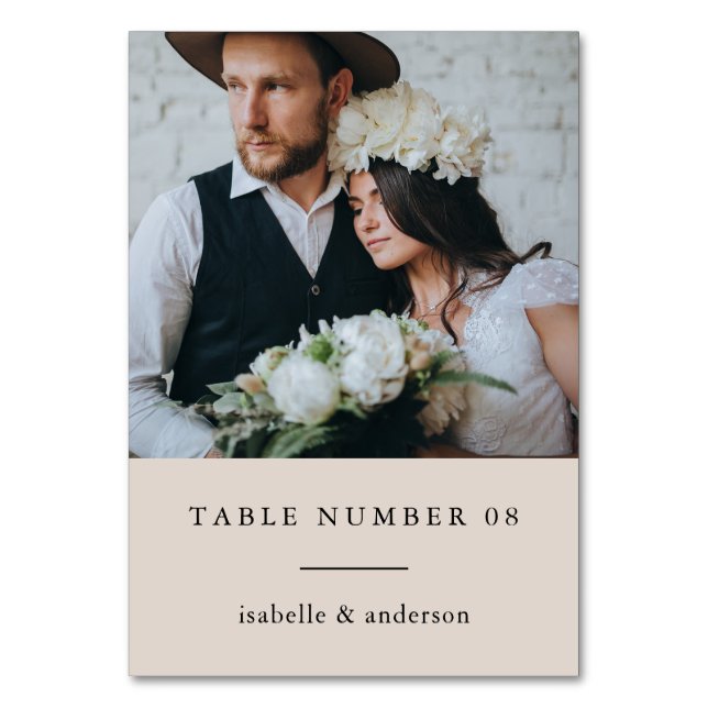 Minimal Natural Classic Typography Photo Wedding Table Number (Front)