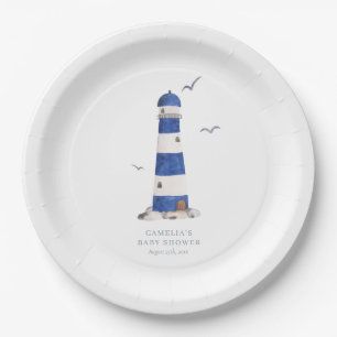 Minimal Nautical Lighthouse Baby Shower Ahoy Boy's Paper Plate