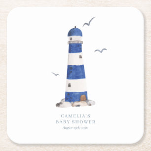 Minimal Nautical Lighthouse Baby Shower Ahoy Boy's Square Paper Coaster