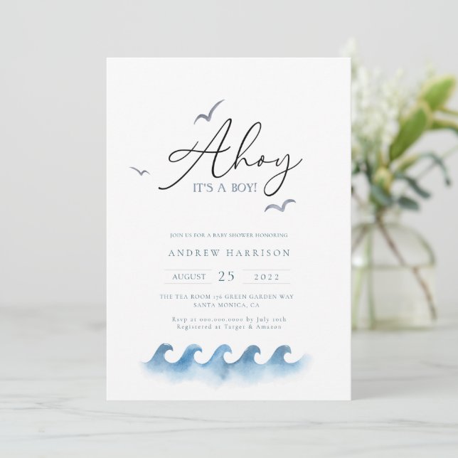 Minimal Nautical Sailboat Baby Shower Ahoy Boy's  Invitation (Standing Front)