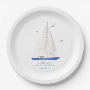 Minimal Nautical Sailboat Baby Shower Ahoy Boy's Paper Plate