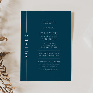 Minimal Navy Blue Bar Mitzvah Typography Invitation