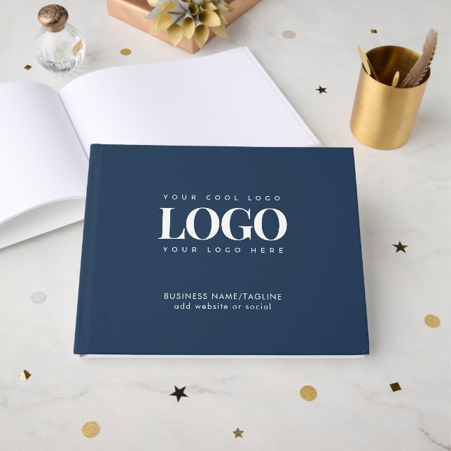 Minimal Navy Blue Business Company Custom Logo Guest Book (Front Open)