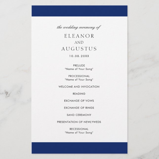 Minimal Navy Blue Elegant Budget Wedding Program (Front)