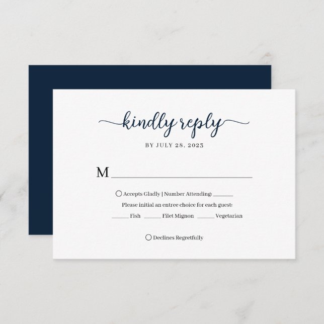 Minimal Navy Blue Floral Monogram Wedding RSVP Card (Front/Back)