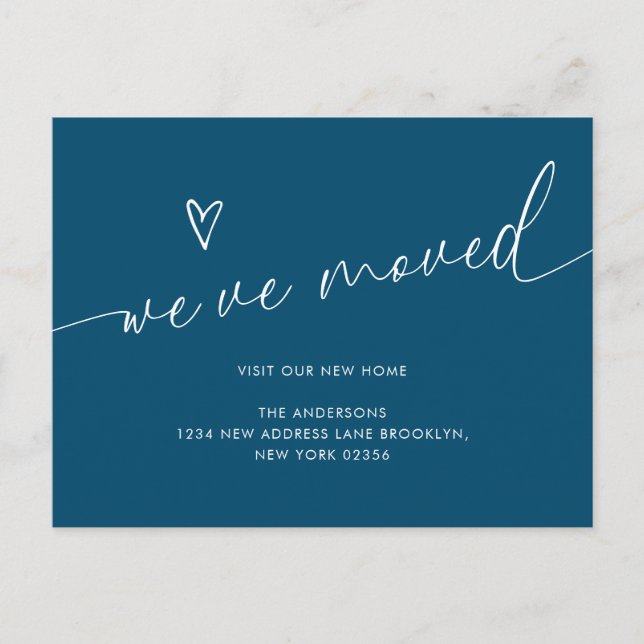Minimal Navy Blue Heart Script We've Moved Moving Postcard (Front)