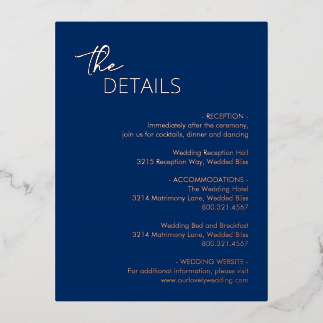 Minimal Navy Blue Modern Wedding Foil Enclosure Invitation Postcard (Front)