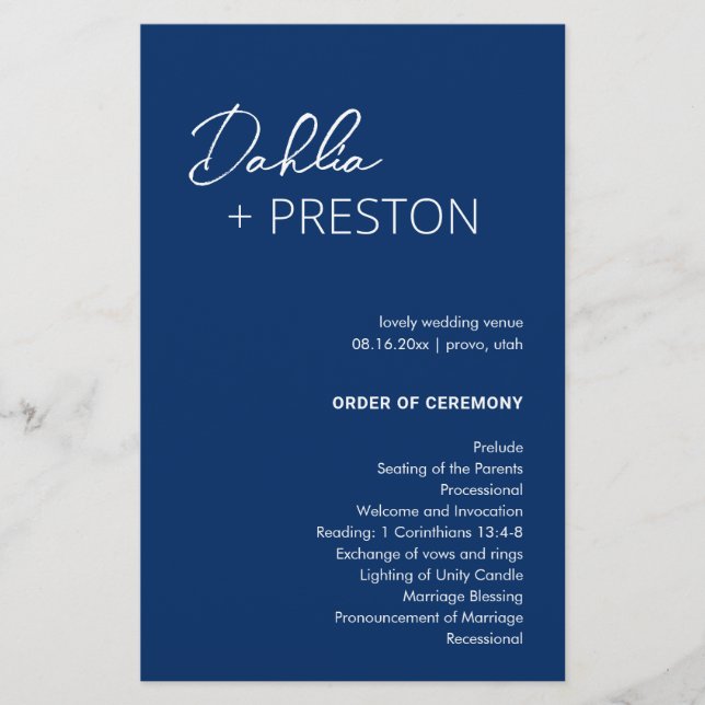 Minimal Navy Blue Modern Wedding Program (Front)