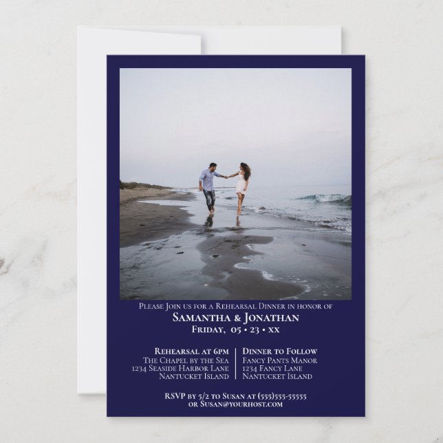 Minimal Navy Blue Photo Wedding Rehearsal Dinner Invitation (Front)