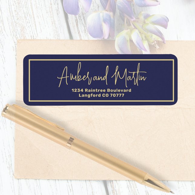 Minimal Navy Blue Script Gold Border Address (Creator Uploaded)