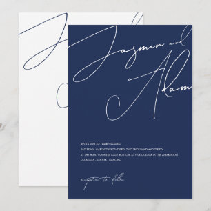 Minimal Navy Blue Script Typography Wedding Invitation