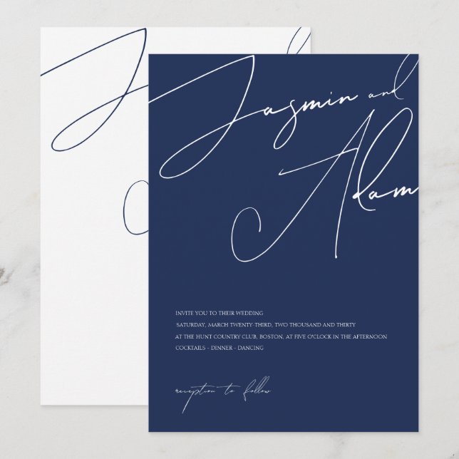 Minimal Navy Blue Script Typography Wedding Invitation (Front/Back)