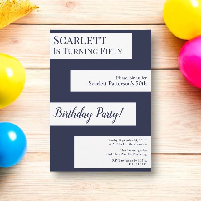 Minimal Navy Blue White Elegant Chic 50th Birthday Invitation (Creator Uploaded)