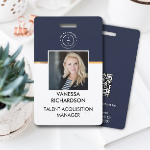 Minimal Navy Blue White Employee Photo ID Company  Badge
