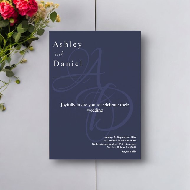 Minimal Navy Blue White Monogram Elegant Wedding Invitation (Creator Uploaded)