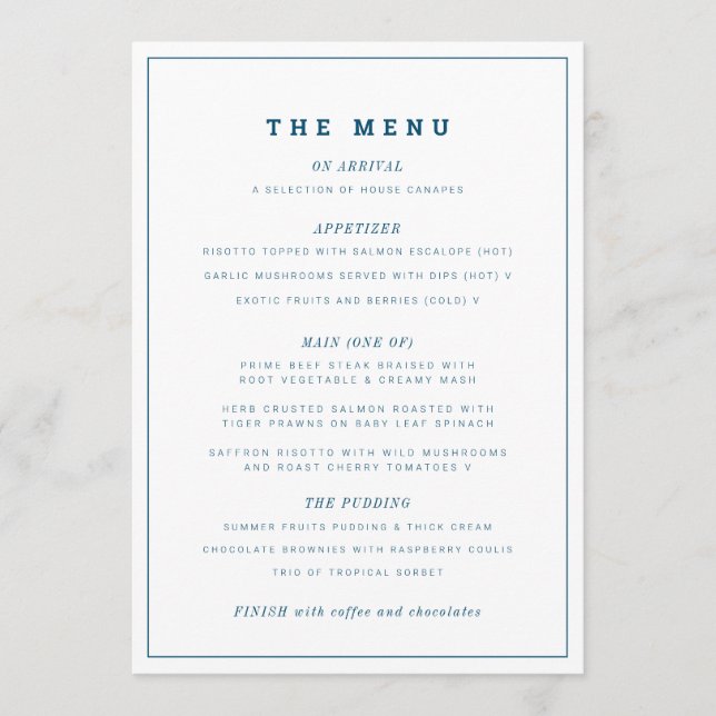 Minimal navy blue white wedding and event custom menu (Front)