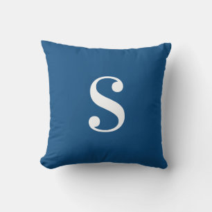 Minimal Navy Blue with Large White Monogram Throw Pillow
