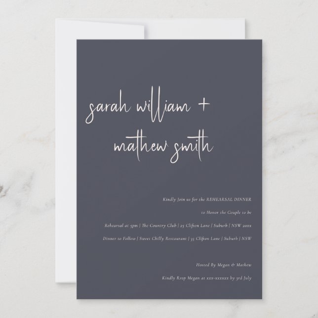 Minimal Navy Blush Black Script Rehearsal Dinner Invitation (Front)
