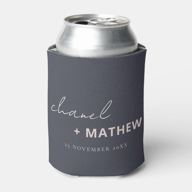Minimal Navy Blush Black Script Typography Wedding Can Cooler (Can Front)