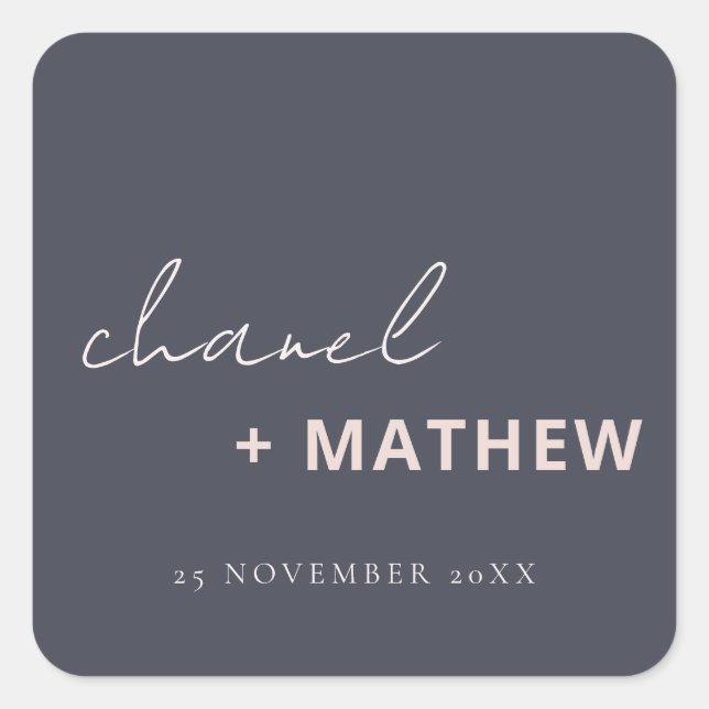 Minimal Navy Blush Black Script Typography Wedding Square Sticker (Front)