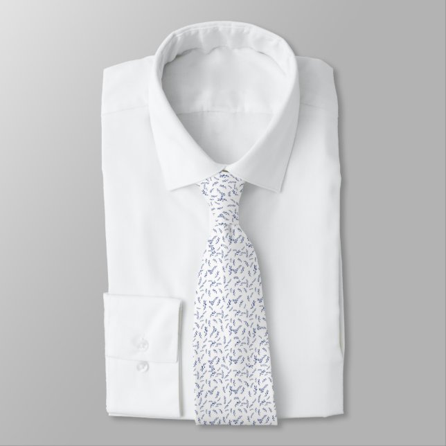 Minimal Navy Botanical Pattern on White Tie (Tied)