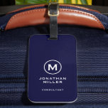 Minimal Navy Classic Typographic Monogram Luggage Tag<br><div class="desc">A professional vertical design in modern style with a navy blue and white monogram emblem with large classic block typography initial monogram with name and title below. The text can easily be customized using the fields provided.</div>