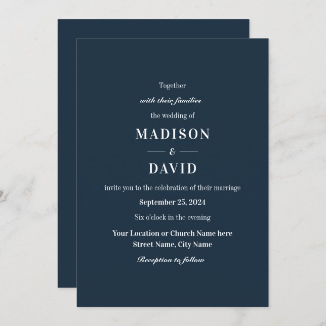 Minimal Navy Modern Classic Wedding Invitation (Front/Back)