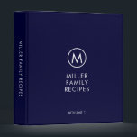 Minimal Navy Stylish Family Monogram Recipe Binder<br><div class="desc">Modern recipe binder features a minimalist design in a classic navy blue and white colour palette. Personalized family name presented in the centre in stylish simple font with a complimentary minimal monogram medallion. Shown with a custom name and monogram initial on the front in modern typography, this personalized family recipe...</div>