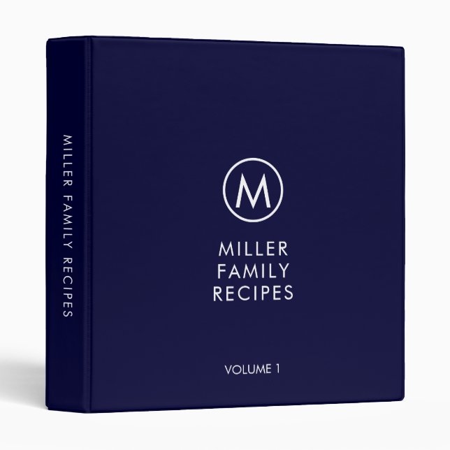 Minimal Navy Stylish Family Monogram Recipe Binder (Front/Spine)