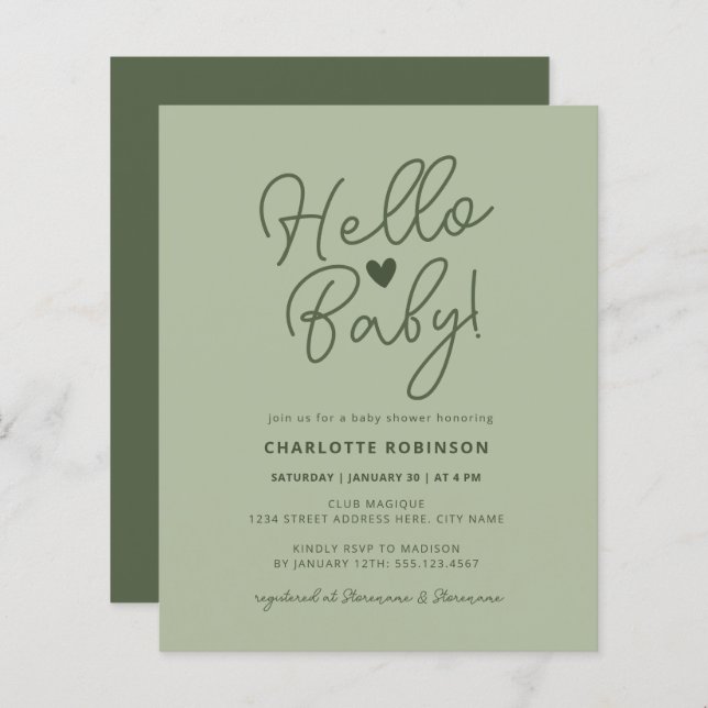 Minimal Neutral Hello Baby Shower Budget Invite (Front/Back)